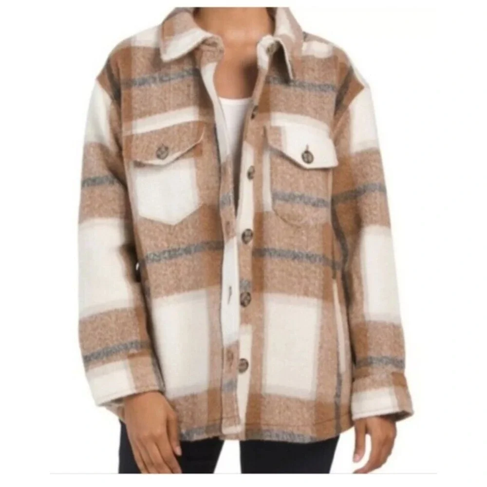 Avec Les Filles Shacket Womens XS‎ Brown Plaid Oversized Shirt Jacket